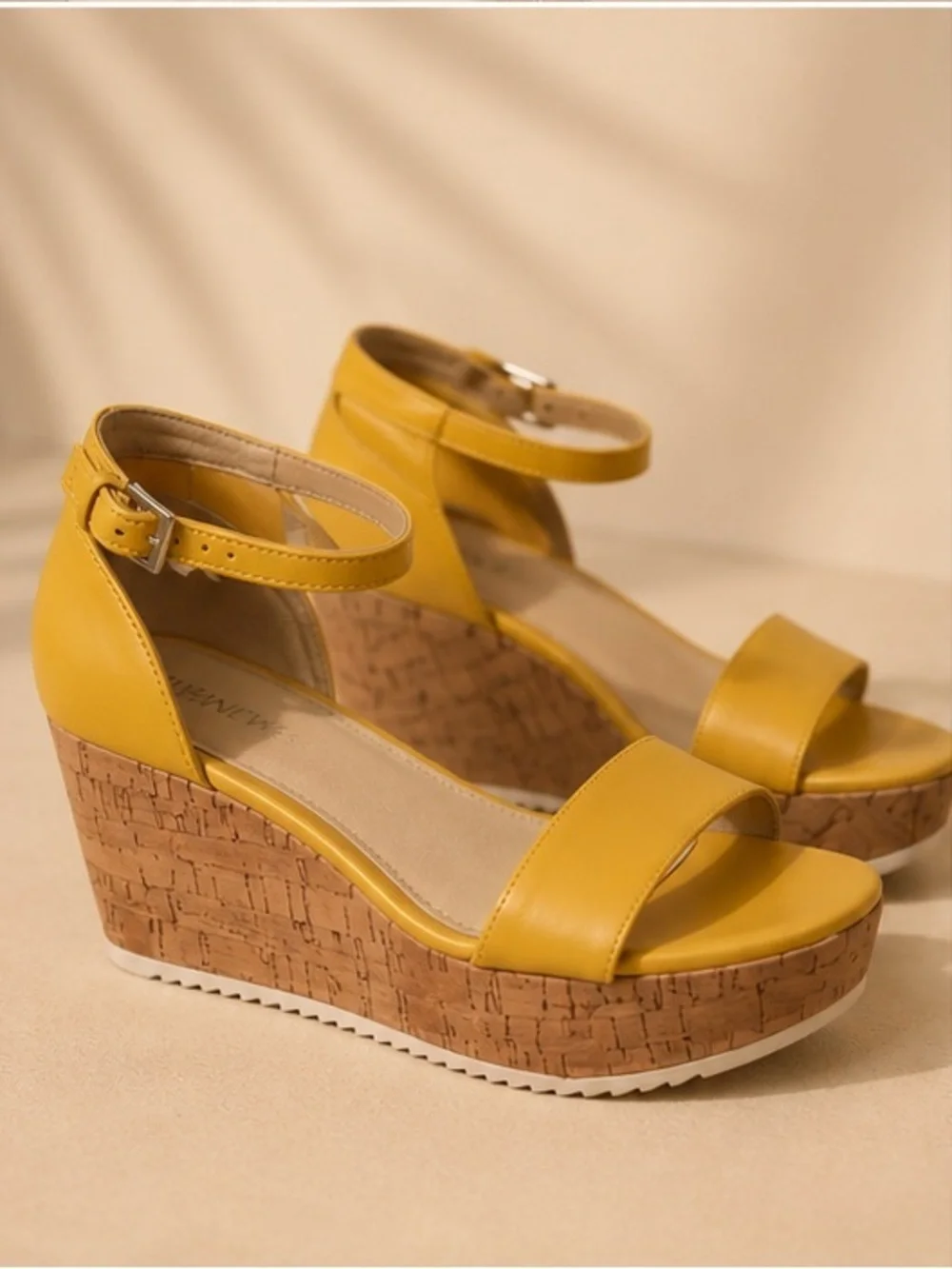 Nine West Yellow Cork Wedge Sandals Ankle Strap Platform Heels Size 7.5